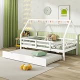 GOPLUS Cama Infantil Extensible con Cama Nido, Cama Niño Cabaña con Barandilla de Seguridad, Marco de Cama de Madera en Forma de Casa para Niñas y Niños, Carga 150KG (94x202.5CM+200,5x91,5CM)