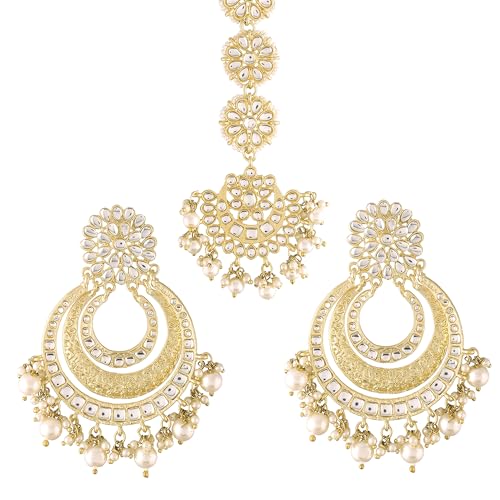 Peora Kundan & Lariya Studded Maangtikka & Chandbali Earrings Set...