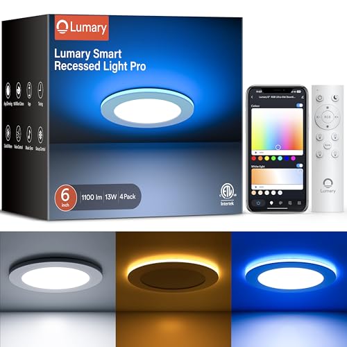 Image of Lumary Smart Recessed Lighting Pro 6 Inch with RGB /Night Ring, 1100LM 4Pack | WiFi Recessed Lights, Music Sync & Custom Scenes, Lumary Dimmer Support, BT Remote, Works with Alexa & Google Assistant, ETL