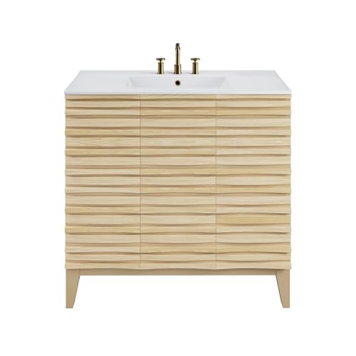 Image of Swiss Madison Cascade 36 in. Natural Oak Bathroom Vanity with White, 3-Hole Ceramic Sink Top