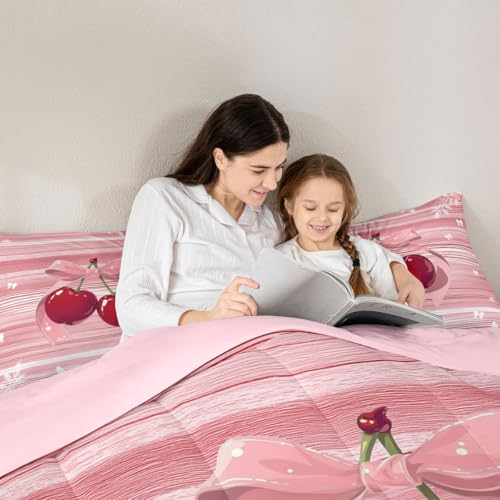 Image of Erosebridal Cherry Bow King Comforter Set Pink Valentine Bedding Set for Kids Teens Romantic Bowknot Bowtie Quilt Geometric Stripes Cottagecore Bedroom Decor 3 Pcs