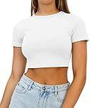 AirMood Womens Crop Summer Tee Tops Short Sleeve Casual Cropped Tshirt (White,M)