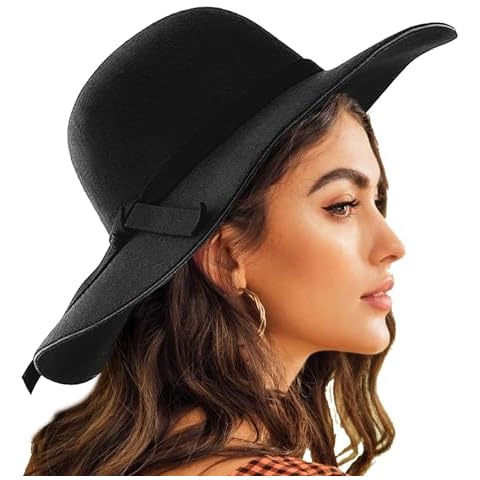 IZUS Womens Wide Brim Fedora Cap Classic-Black Wool Ribbon Blend Floppy Hat (Black - Removable Bowknot, Medium) Cover