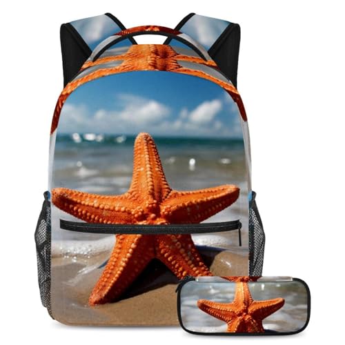 Cartables Blue Skyline Beach Starfish grand sac à dos et trousse scolaire pour lycéen