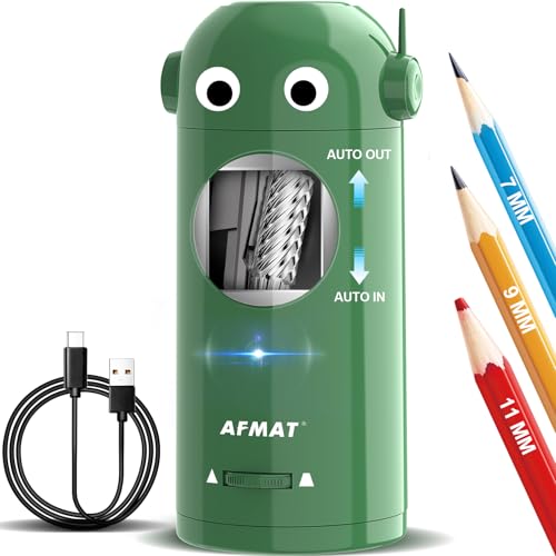 AFMAT Vollautomatischer Elektrischer Anspitzer mit Behälter Elektrischer Spitzer für 7-11 5mm stifte Tragbar und Sicher Wiederaufladbarer Bleistiftspitzer für Haus Büro Schule Grün PSX5