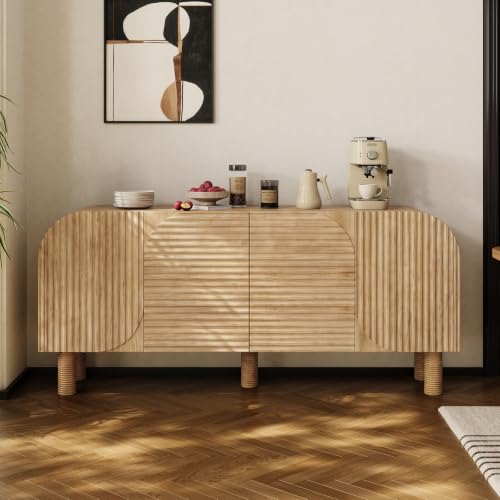 Image of 71 inch Curved Sideboard Cabinet with Storage, 4-Door Buffet Credenza,Natural | Large wood credenza features four textured arched doors, roomy storage, and anti-tip hardware for dining rooms and entryways