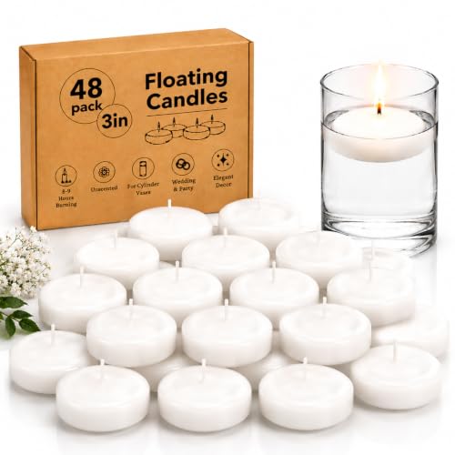 GINITIRI 3 Inch Floating Candles 48 Pack White Large Size