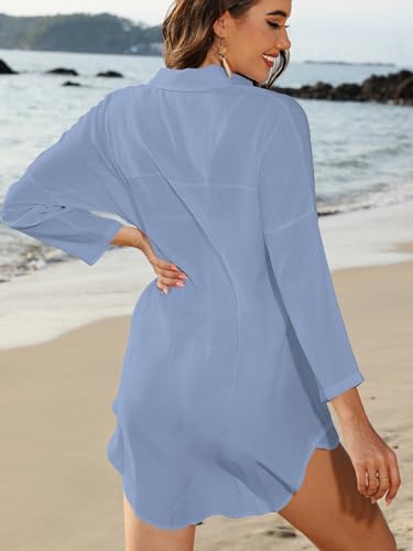 Image of POGTMM Women's Swimsuit Cover Up 3 /4 Sleeve Button Down Shirt Dress