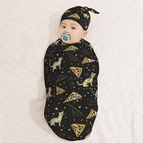 Image of Hand Drawn Cats Pizza and Starry Sky Newborn Swaddle Blankets Hat Sets Soft Baby Receiving Blanket Swaddle Sack for Baby Shower Infant Boy Girl Gift