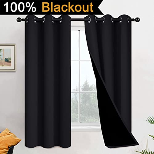 Image of Yakamok 100% Blackout Lined Pair Curtains for Bedroom, Window Treatment Thermal Insulated Noise Blocking Drapes for Living Room(42Wx63L,Black, 2 Panels) | Blackout Curtain Panels for Bedroom, 2 Thick Layers Grommet Top Thermal Insulated Drapes with Black Liner for Living Room