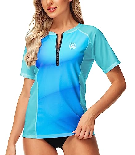 Image of AOBUTE Women Zip Rash Guard UPF 50+ Gradient Short Sleeve Swim Top Surf Shirts