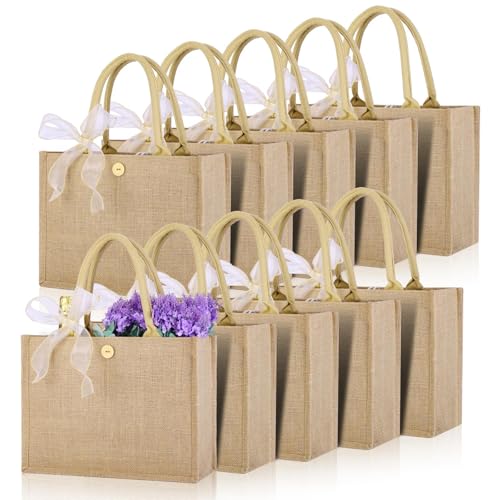 10pcs Burlap Tote Bag Set with Handles Reusable Grocery Bags with Ribbon 13 x 9.5 x 4.7 Inch Waterproof Natural Jute Tote for Women Bridesmaid Gift Beach Shopping Wedding Travel DIY Embroidery