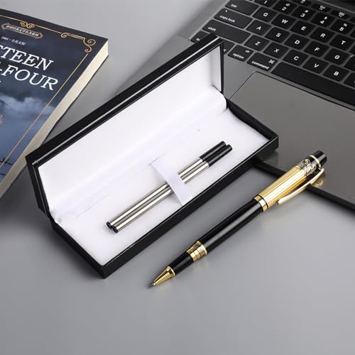 Amaxiu Conjunto de canetas esferográficas pesadas de luxo, 0,5 mm, de metal, preta, com 2 refis pret