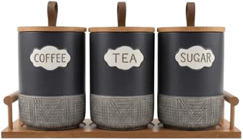 Coffee Tea Sugar Ceramic Canister Set with Bamboo Tray, Black