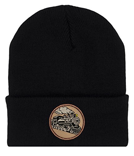 PATCHTOWN Steam Engine Train Beanie Hat - Cold Weather Toboggan Cap/Ski Cap with Embroidered Locomotive Black
