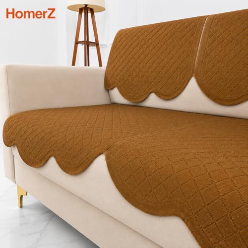 Image of Homerz Premium 'Surya Series' Sofa Cover | Stylish Sofa Protector | Net Fabric | Anti-Stain & Washable Slip Cover Exact Size Antislip (New Jerry Brown, 5 (3+1+1) Seater, Seat Cover with Backrest)