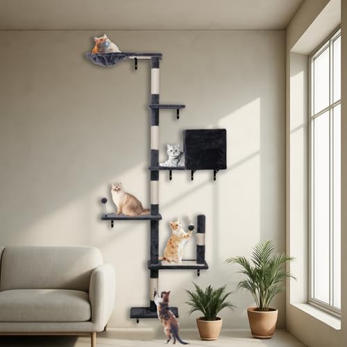 groß kratzbaum deckenhoch, katzenbaum deckenspanner, kletterwand Katzen, kratzbaum wandmontage 6 Etagen, mit 5 Kratzsäulen, Hängematte, Höhle,...