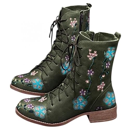 Vintage Combat Boots for Women,Ethnic Floral Embroidered Classic Lace Up