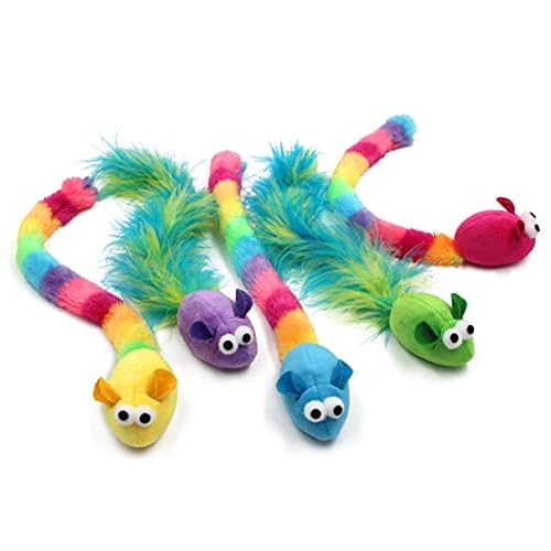5 Pack Interactive Catnip and Feather Cat Toys, Multi-Colored Mice with Long Feather Tail, Accessories for Indoor Cat, Catnip Plush Toys with Natural Feathers and Rattles