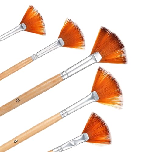 5Pcs Fan Brush Set, Soft Nylon Hair Fan Paint Brushes with Long Wooden Handle Professional Artist Drawing Tools for Acrylic Watercolor Oil Gouache Painting