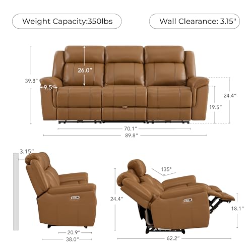 Image of CHITA Leather Power Recliner Sofa Wall Hugger, Saddle, 3 Seater