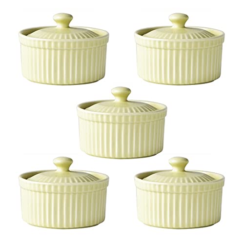 5 Pack Ramekins, Thread Design Porcelain Souffle Dishes with Lid, Macaron Color Series Ramekin, Ceramic Cup Bowl for Creme Brulee Custards Pudding Jams Sauce & Dips, Microwave & Oven Safe