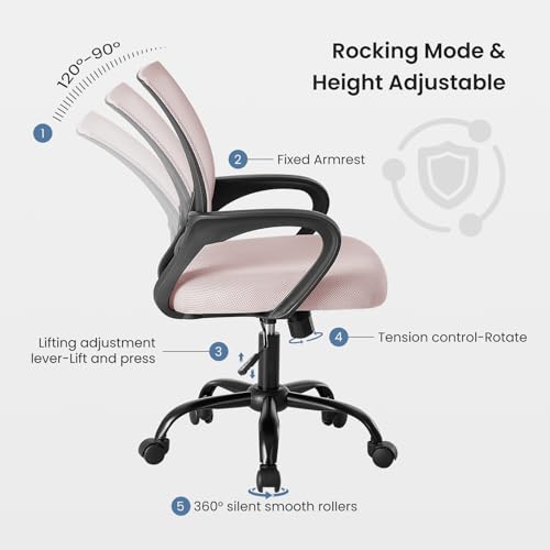 Image of DUMOS Home Office Chair - Ergonomic Mid Back Mesh Desk Chair with Lumbar Support & Rocking Mode, Height Adjustable with Fixed Armrest, for Computer, Gaming, Meeting, 360 Swivel, Pink