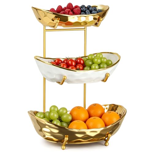 3 Tier Ceramic Fruit Bowl for Kitchen Counter, Tiered Fruit Basket Stand with Gold Metal Rack, Decorative Fruit Holder for Table, No Assembly Serving Bowls for Party Snacks & Housewarming Gift - image 1
