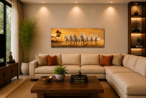Image of 7 Horse Vastu Sunrise Canvas Painting | Positive Energy Wall Decor | Big Size Premium Running Horses Artwork for Home, Office & Hall Decoration (Modern, Sky Horse, 44x20 Inch)