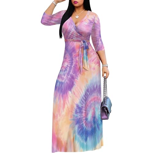 Image of PinkPatty Women's Print Maxi Dresses 3 /4 Sleeve Flowy Long Dress V Neck Wrap Tie Waist Sundress