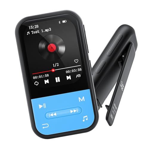 Reproductor MP3 de 128 GB, Clip MP3 con Bluetooth 5.3, Reproductor de música portátil con Radio FM, grabadora de Voz, podómetro, diseño Mini Ideal para Hacer Deporte, Auriculares incluidos,Azul