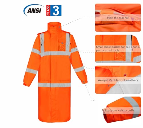 Image of caparazon High Visibility Long Raincoat with Reflective Safety Features - Waterproof Hooded Rain Jacket for Men