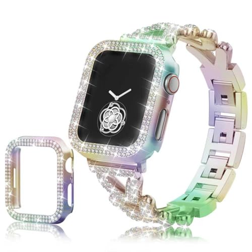 Image of Rhinestones Encrusted Metal Bracelet and Case, Compatible with Apple Watch Bands 38mm-49mm (Series 11 /1 /SE /Ultra 2)- Bling Gold Women's Jewelry Strap, Luxury iWatch Bracelet with Screen Protector