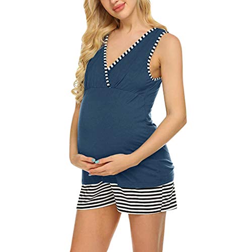 SO-buts Women Maternity Pregnant Sleeveless Nursing Baby V-Neck Vest Tops+Stripe Shorts Pajamas Outfits (Navy,S)