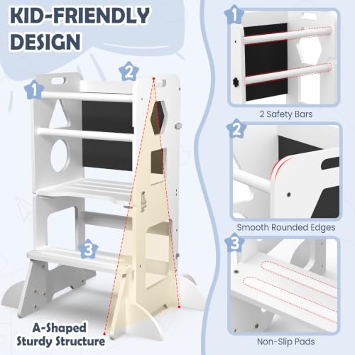 Image of Toddler Standing Tower Anti-Tip Wooden Kitchen Step Stool Helper，White