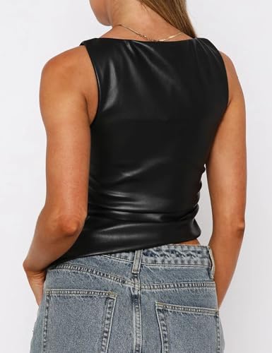 Vivitulip Women's Faux Leather Ruched Tank Top High Neck Sleeveless Cami Shirt3