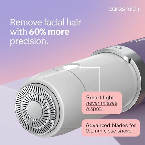 Image of Caresmith Bloom 2-in-1 Rechargeable Facial Hair Removal Machine & Eyebrow Trimmer for Women | Painless Electric Epilator with Smart Light | Facial Shaver for Upper Lips, Chin, Cheeks, Peach Fuzz