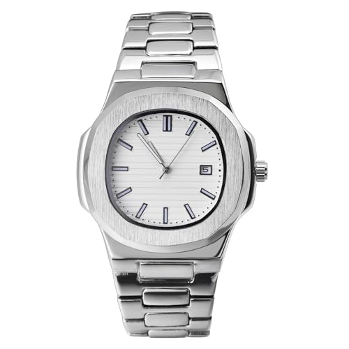 BARAMON Wrist Watches for Men, Nautilus Stainless Steel Quartz Movement Date Luxury Style Men's Luminous Hands Casual Business Watches, Silver, Quartz Movement