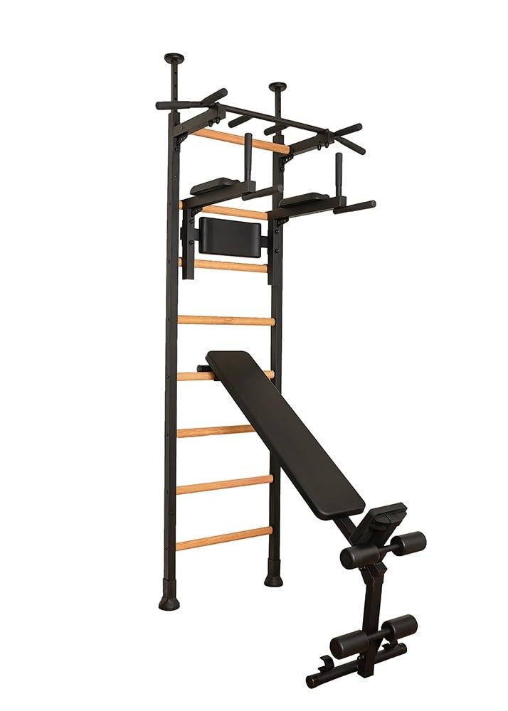BenchK 523B Wallbars Stall Bars Swedish Ladder Gymnastic Ladder with Fixed Steel 6-Grip Pull Up Bar Dip Bar