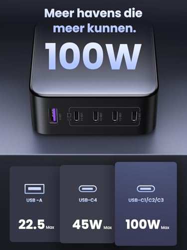 UGREEN Nexode USB C-Charger 100W 5-poorts GaN-oplader Meerdere PD-laders Multipoorten Ondersteunt PPS 45 W Compatibel met MacBook Pro/Air, HP Laptop, iPad Pro/Air, iPhone 16-8 serie, Galaxy S24 - Afbeelding 6