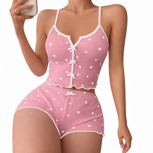 Reviews de Pijamas de una pieza para Mujer . 47 Genérico Pijama de 2 Piezas para Mujer, Conjunto de Tirantes y Short con Estampado de Corazones, Ropa de Dormir Acanalada (MX/US, Alfa, Chico, Regular, Regular, Rosa con Corazones...