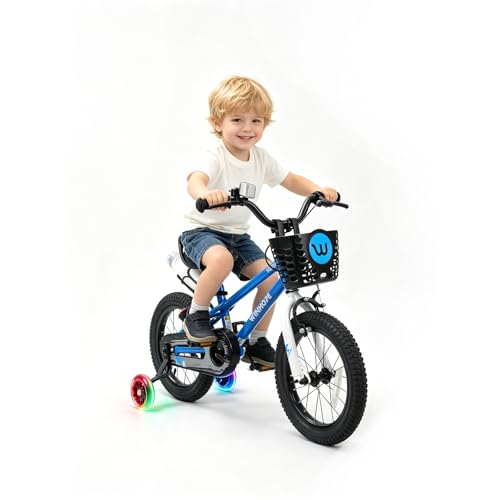 Image of WinHope 12-18 Inch Kids Bike with Light up Training Wheels for Boys Girls | Dual Brake Bicycle with Basket Adjustable Seat Water Bottle for Summer Riding Birthday Gift for Toddler 2-9 Years