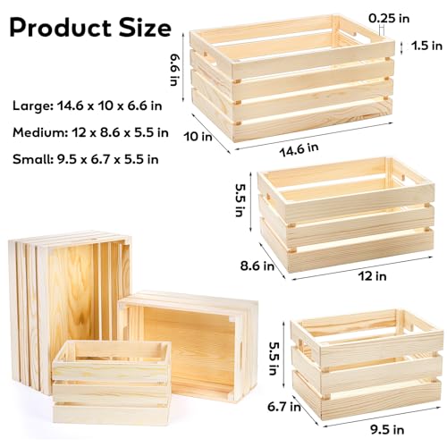 Youeon Set of 3 Rustic Wooden Nesting Crates with Handles, Decorative Wooden Crates, Crate Box Wooden Storage Box for Kitchen, Office, Bedroom, Closet, Rustic Country Decor - Image 3