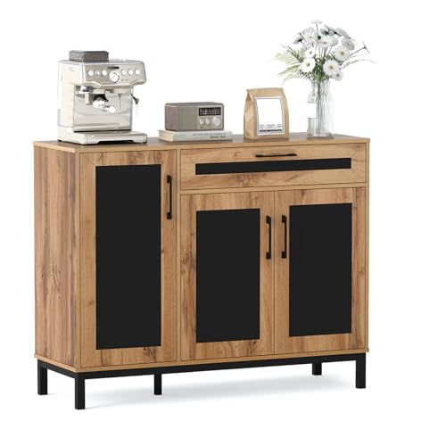 GIANTEX Aparador tipo buffet de 120 cm, mueble de bar de madera con cajón, 3 puertas, estantes y patas de metal, mueble contenedor de estilo granjero para cocina, comedor y salón