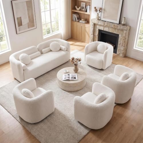 Image of 5 Piece Curved Couch Set for Living Room, Boucle Sofa Set with 1 Modern 3-Seater Sofa & 4 Accent Chairs, Deep Seat Conversation Seating Furniture for Open Concept Spaces,Home Office (White)