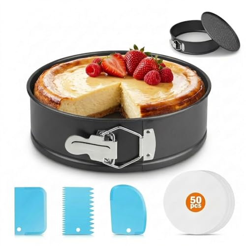 9 Inch Springform Pan Tin, Non-stick Cheesecake Pan Springform Pan with Removable, Easy Release, Leakproof, Springform Cake Pan Set with 1 Pcs Pans, 3 Pcs Scrappers and 50 PCS Parchment Paper  