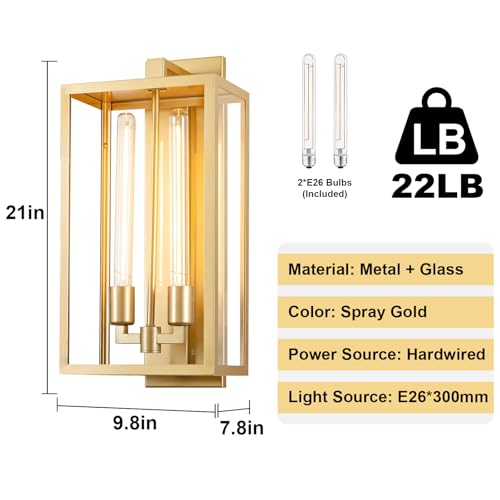 Image of Large Outdoor Wall Sconce, 21 inch Gold Wall Mount Lamp, Outside Lights Front Porch Light, Waterproof Modern Porch Lighting Exterior Lamp for Front Door, Entryway (Bulbs Included)