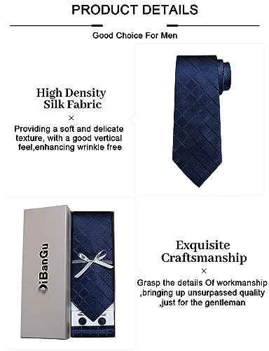 Image of DiBanGu Plaid Ties for Men Silk Checkered Necktie and Pocket Square Cufflinks Tie Clip Set with Gift Box for Wedding Business