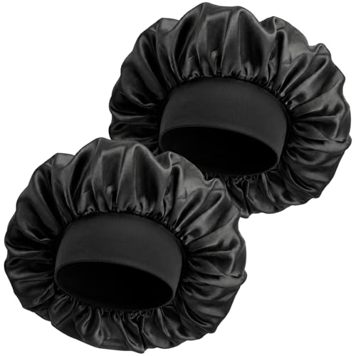 Heclia Satin Silk Bonnet for Men Women Hair Bonnet for Sleeping Double Layer Satin Bonnets Elastic Band Sleep Cap Hairs Caps Hairs Wrap for Hair 2 Pack (Black) Deal