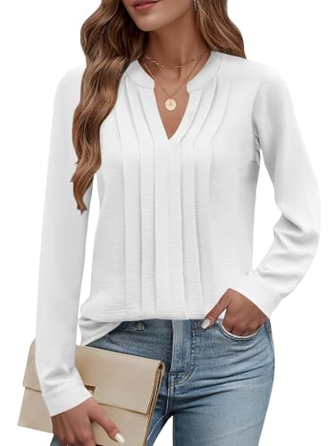 Cuptacc Bluse Damen Blusen V-Ausschnitt Basic Langarmshirt Casual Business Outfit Damen Herbst Weiß, XXXL Große Größen